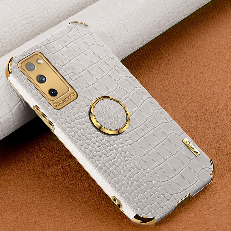 For Samsung Galaxy S20 FE 2022/S20 FE/S20 FE 5G/S20 Lite Crocodile Texture 6D Electroplated PU Leather Coated TPU Phone Case Cover with Ring Kickstand - White For Samsung Galaxy S20 FE 2022/S20 FE/S20 FE 5G/S20 Lite Crocodile Texture 6D Electroplated PU Leather Coated TPU Phone Case Cover with Ring Kickstand - White
